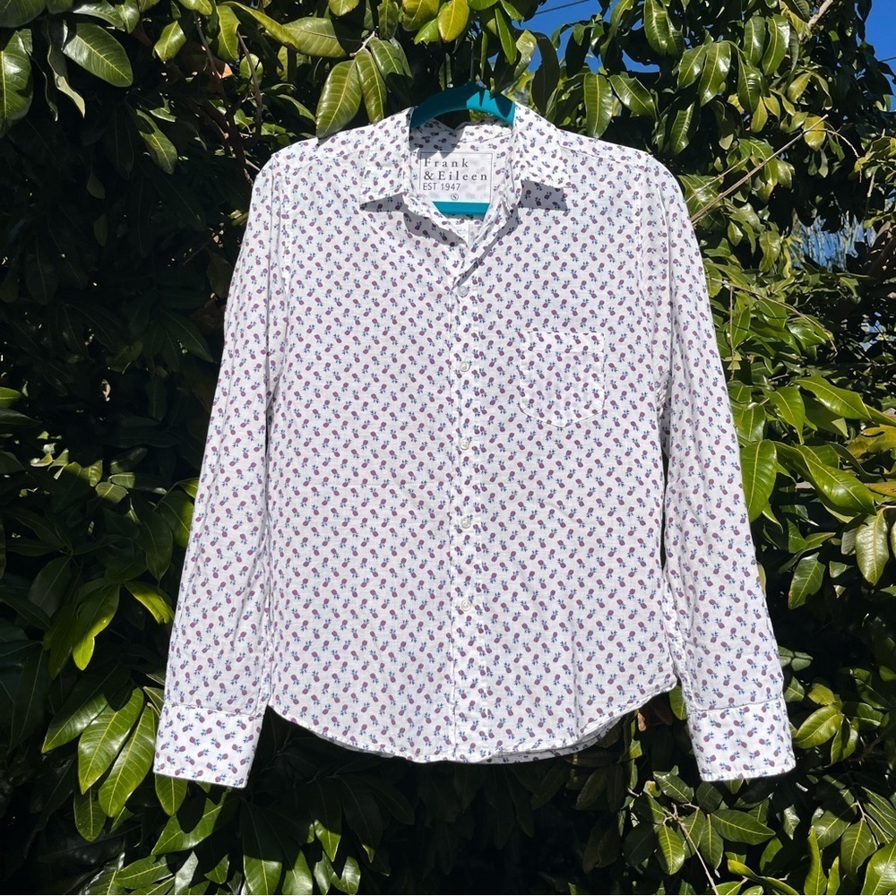 Frank and Eileen white pineapple print cotton button up shirt